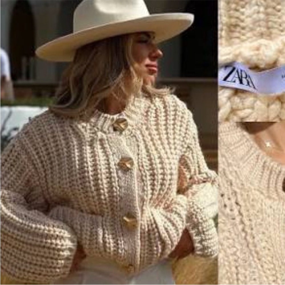 Zara Cream Chunky Knit Cardigan with Gold Buttons